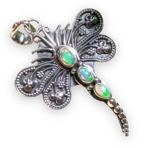 New Woman’s Antique Silver Handmade Bohemian Fire Opal Dragonfly Necklace